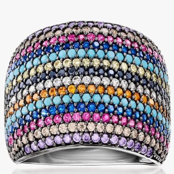 🆕 925 Sterling Silver Rainbow Cocktail Ring Bling Gemstone Statement Glam Luxury - Picture 1 of 10